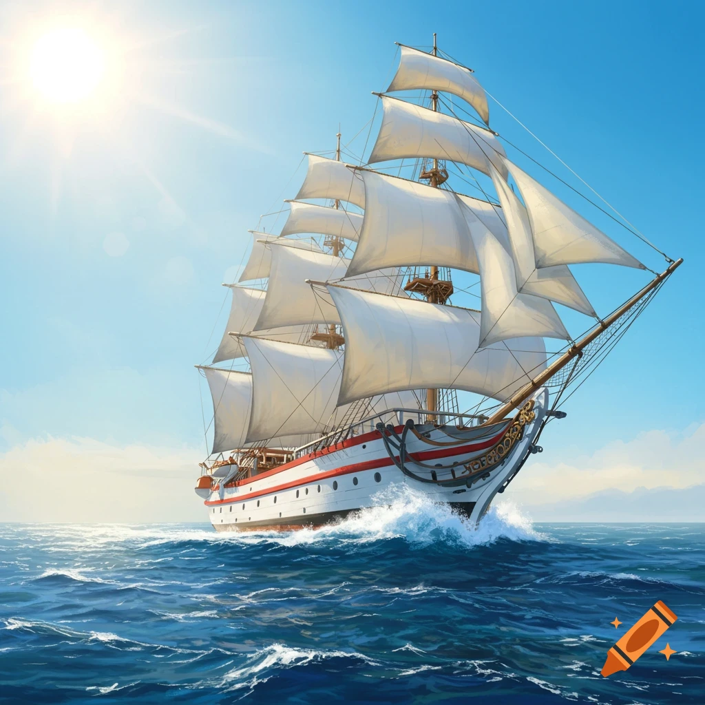 A white and red three-deck ship sailing on a sunny blue ocean.
