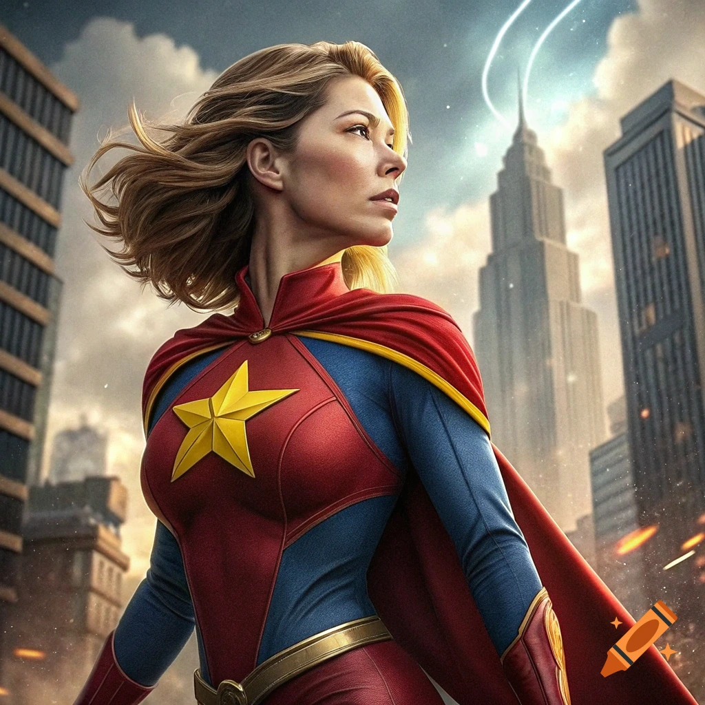 Female superhero in red and blue costume with a star symbol stands in a city with lightning.