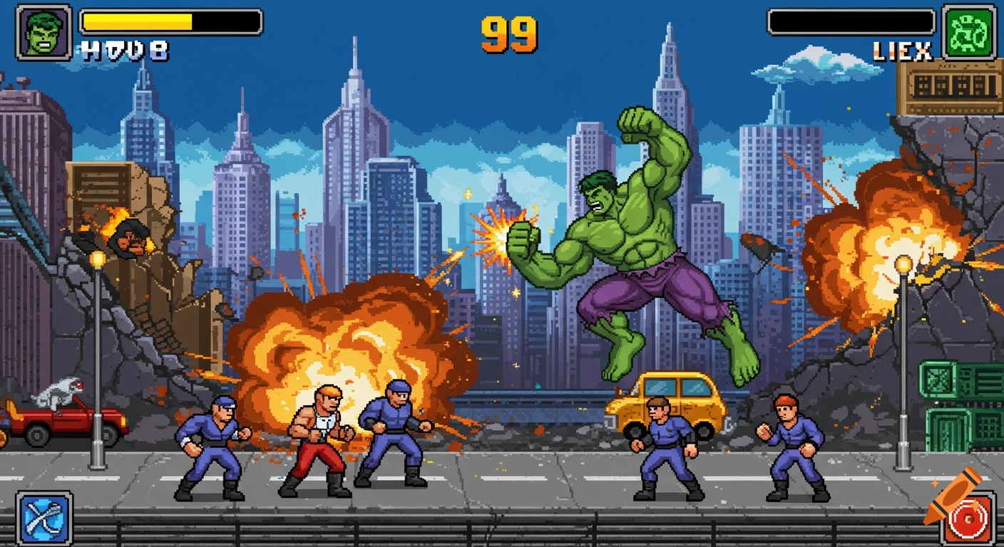 Pixel art scene of Hulk fighting enemies on a city street, in the style of an 8-bit video game with UI elements.