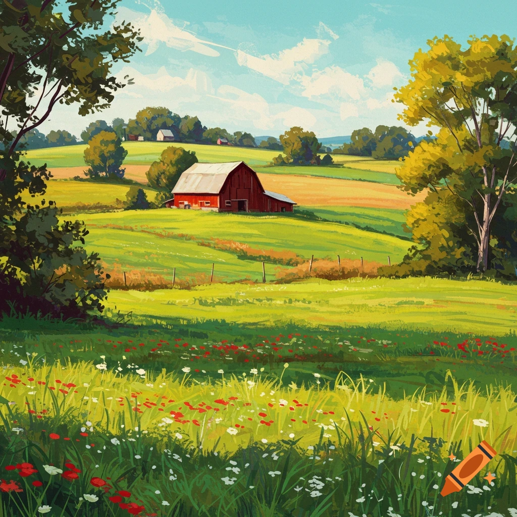 A red barn in a hilly green field with flowers under a blue sky.