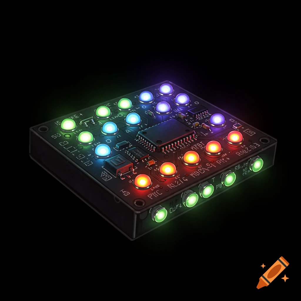 An electronic circuit board with colorful glowing LEDs.