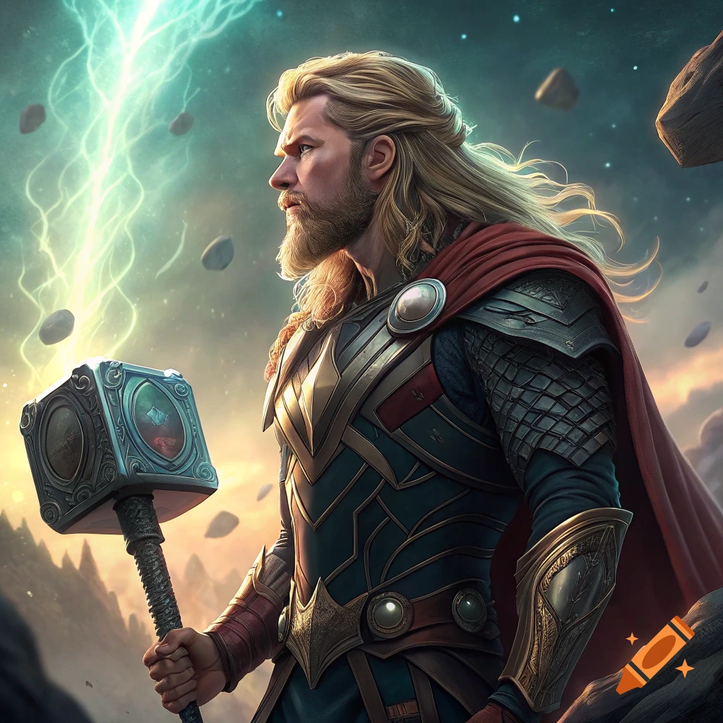 Thor holds Mjolnir as lightning strikes it, with floating rocks in the sky.