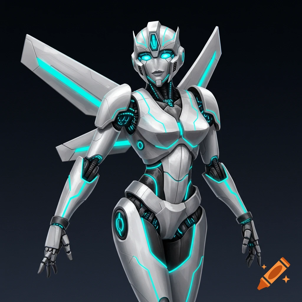 A white female robot with blue glowing accents and wings.