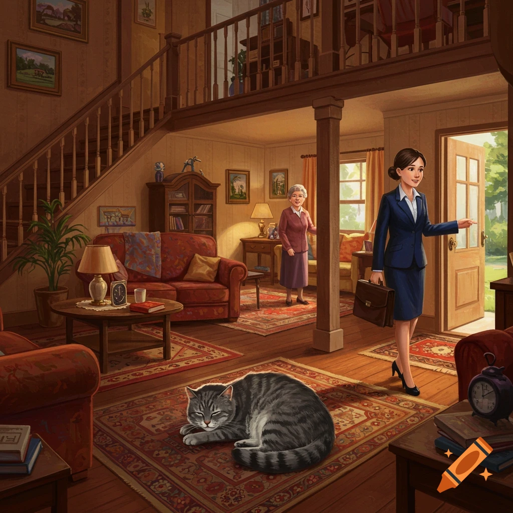 A woman in a suit arriving home to her mother in a cozy two-story house interior with a sleeping tabby cat.
