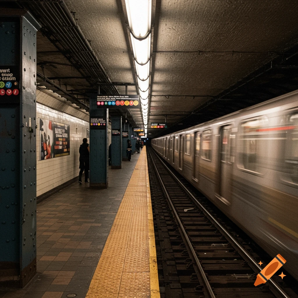 A blurry train arrives at a dark subway station platform with people waiting. Photorealistic style.