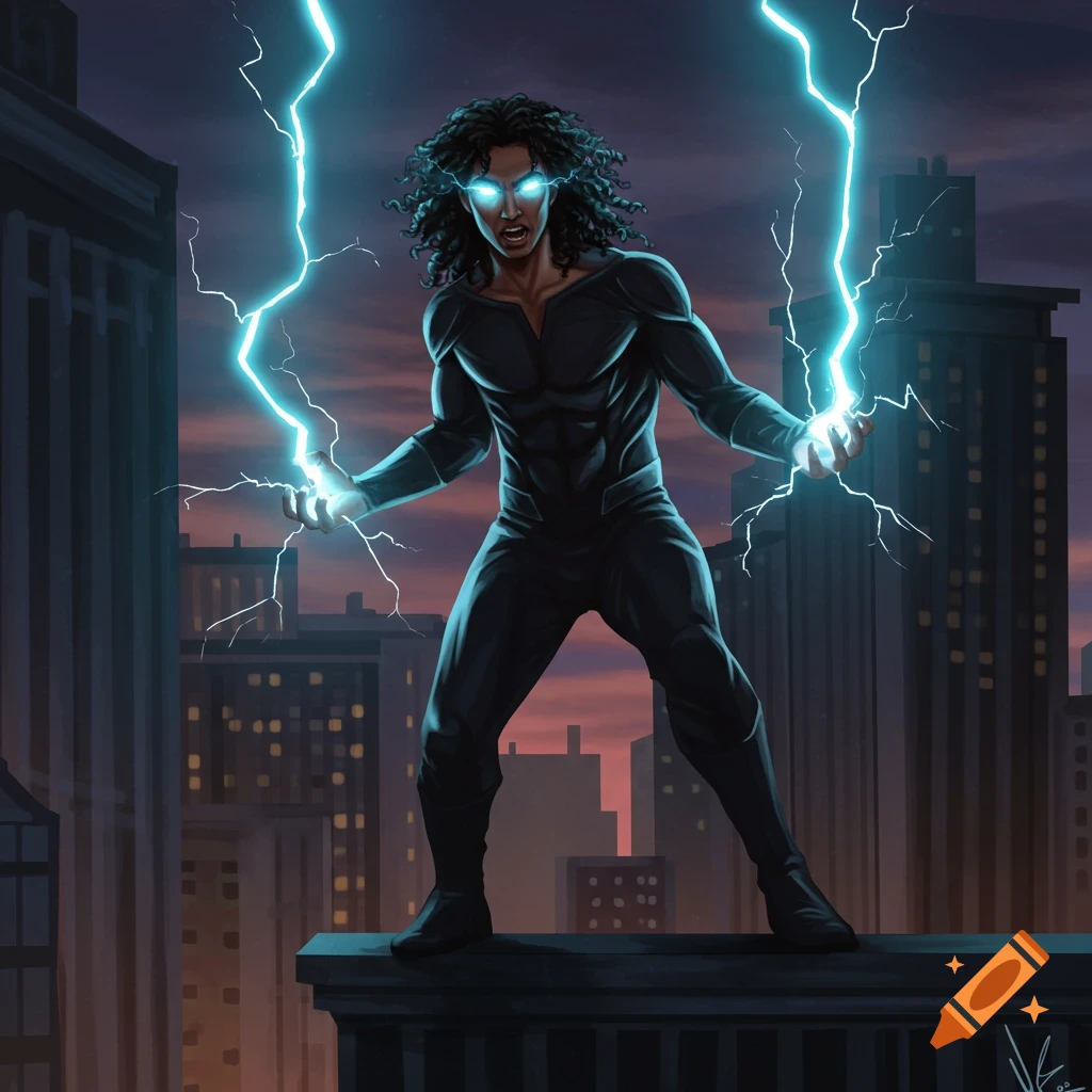 Man in black costume holding lightning on a rooftop