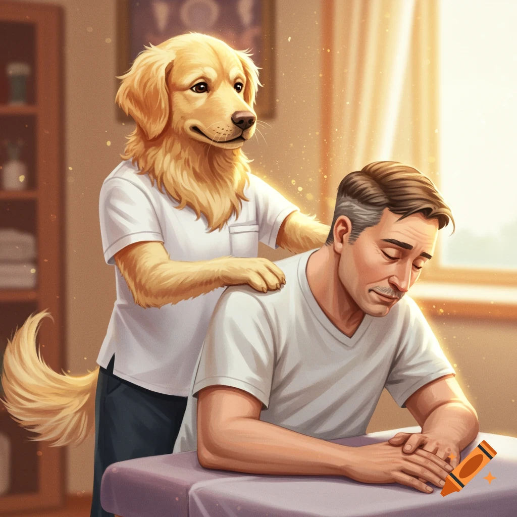 A golden retriever is giving a man a massage.