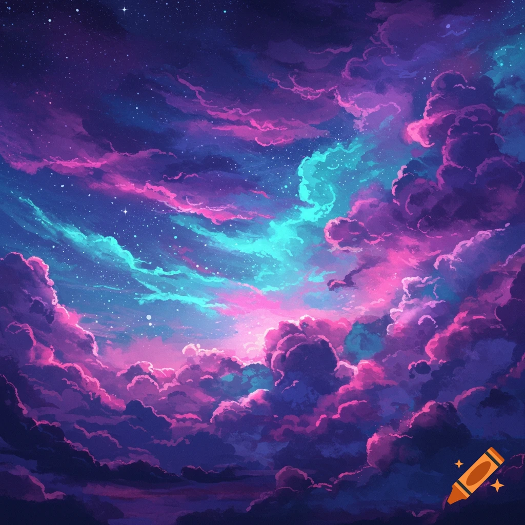 A vibrant night sky filled with swirling pink, purple, and blue clouds and stars.