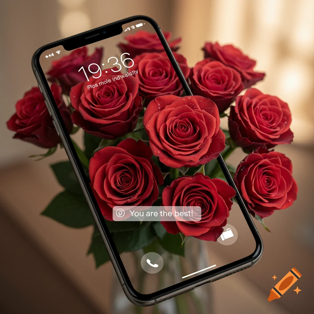 A smartphone displaying a lock screen with time and message in front of red roses.