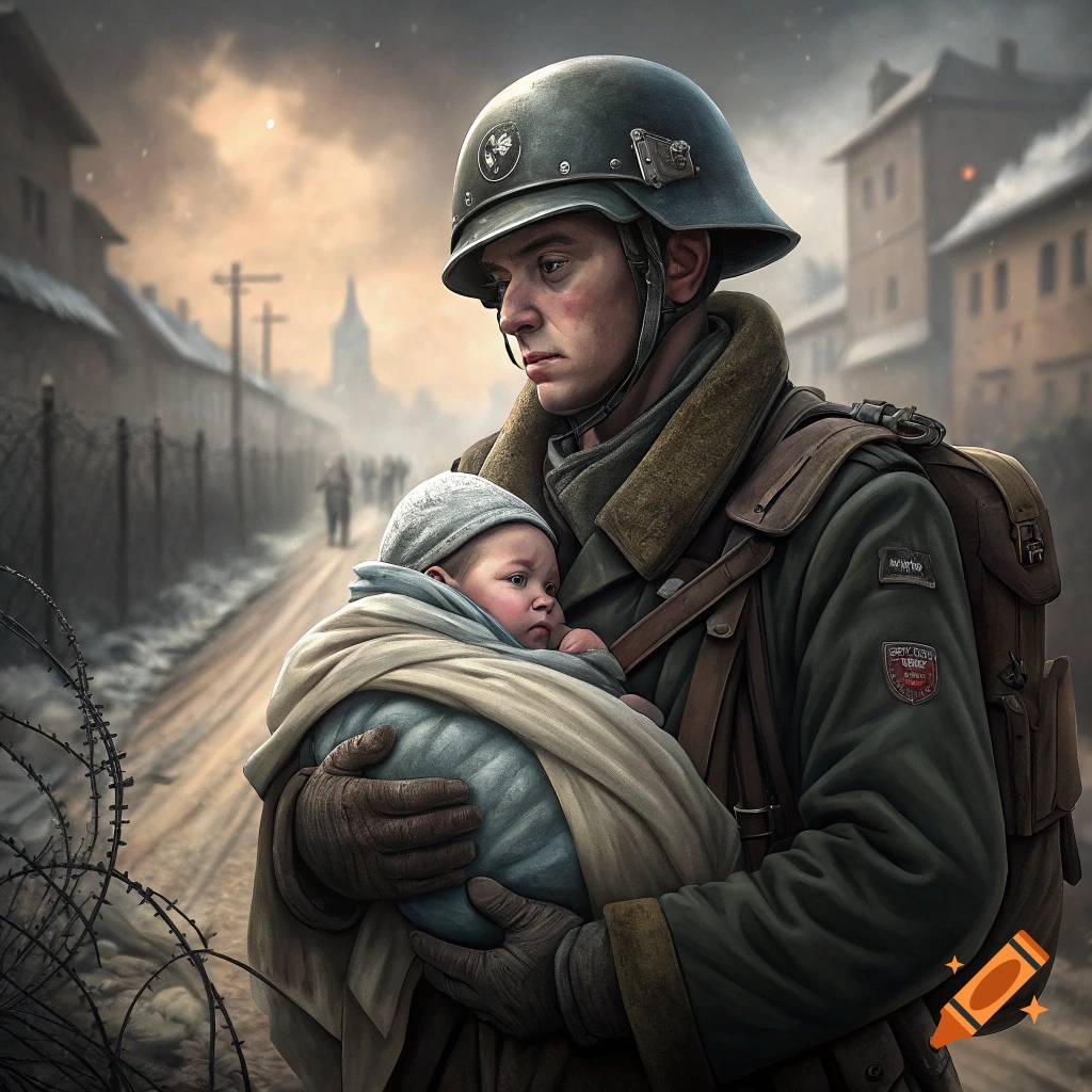 A soldier in a WWII-era helmet and uniform holds a bundled baby while standing in a desolate, war-damaged street.