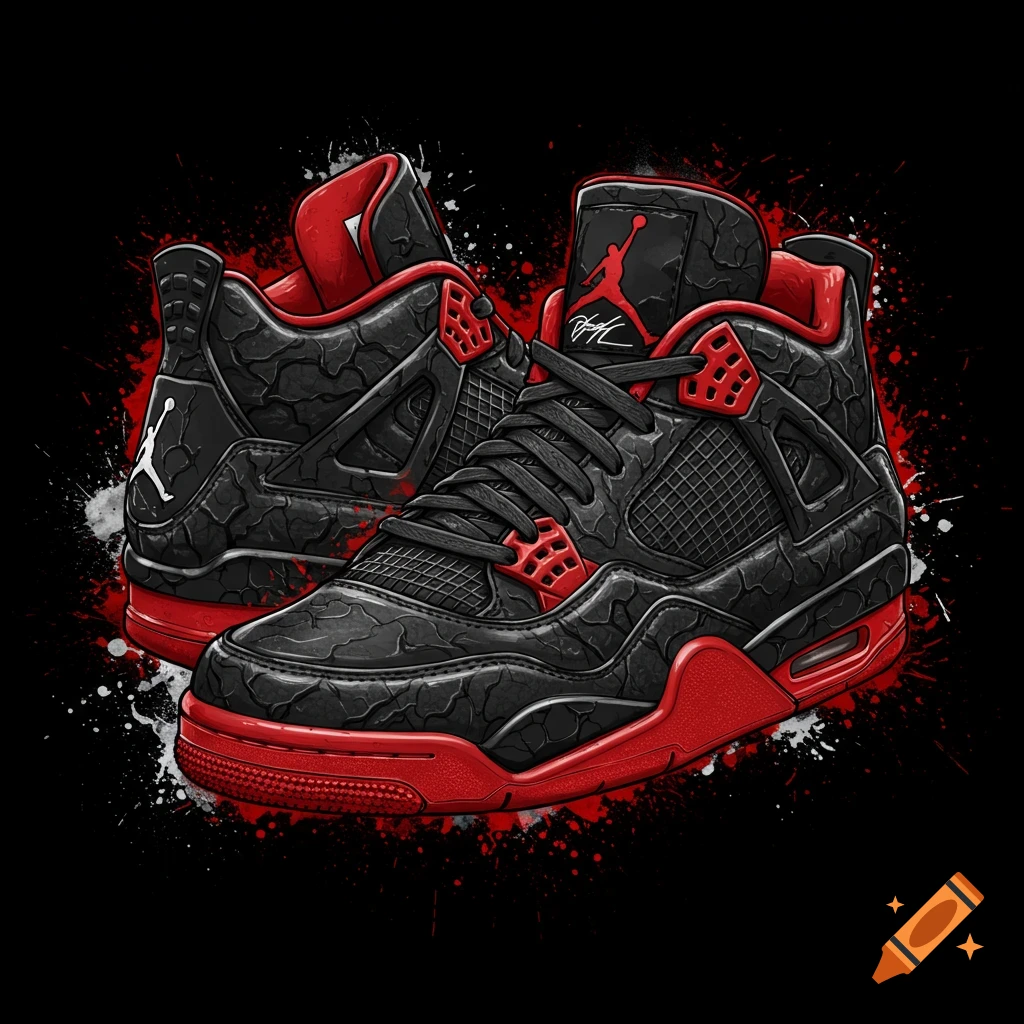 Black and red Jordan 4 sneakers with cracked texture and paint splatters.