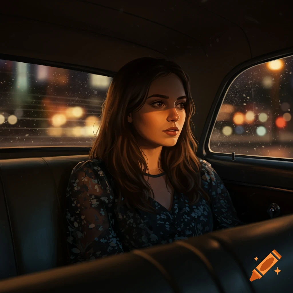A woman in the backseat of a car looking out the window at night city lights.