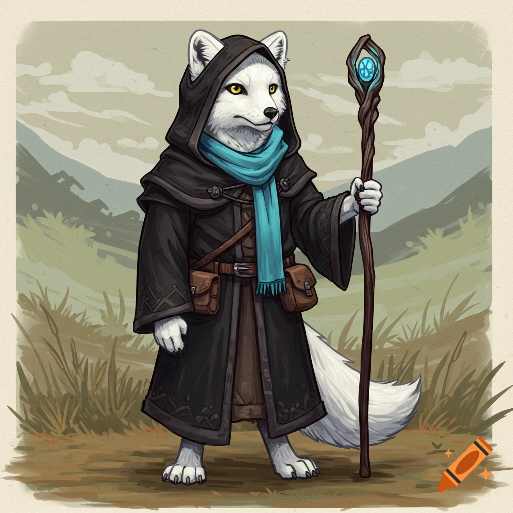 An arctic fox character in black hooded robes and blue scarf stands holding a staff in a landscape, in Root board game art style.