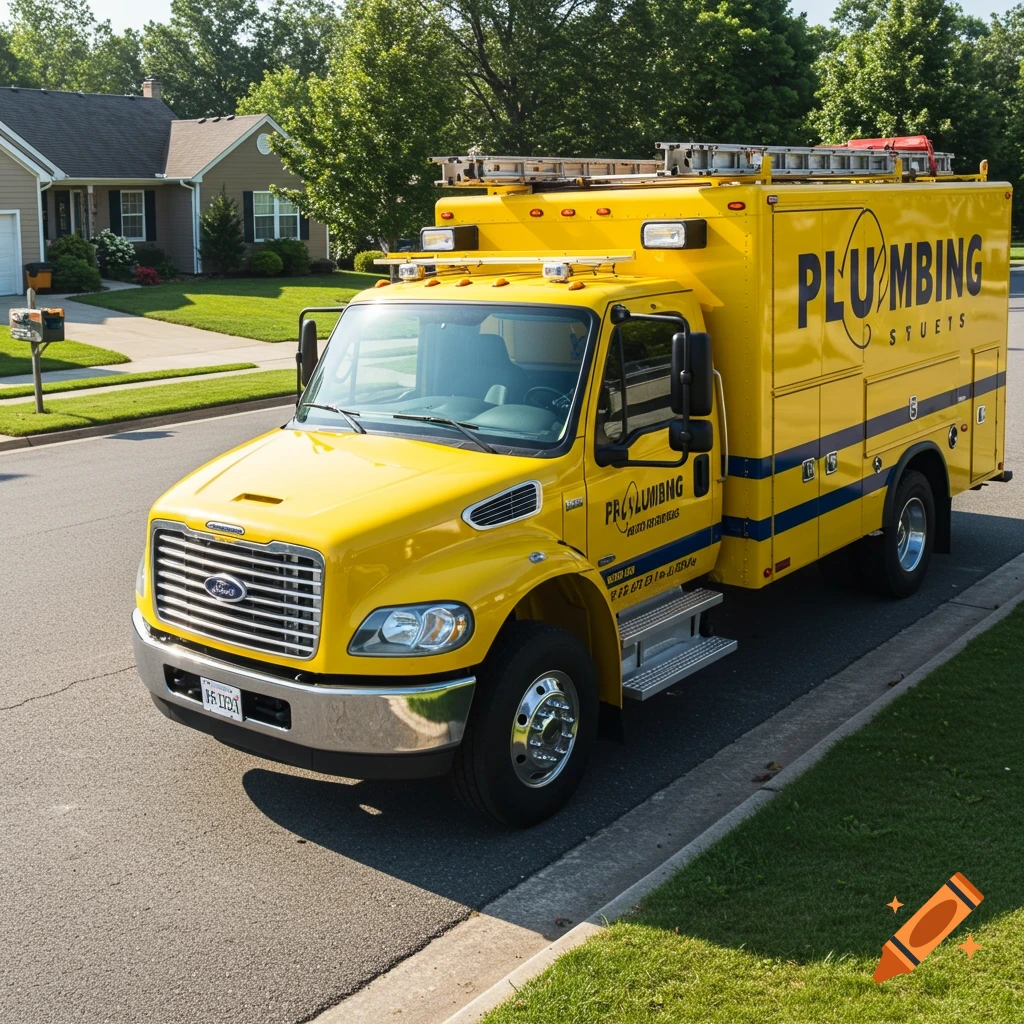 A bright yellow plumbing truck is parked on a suburban street in front of houses.