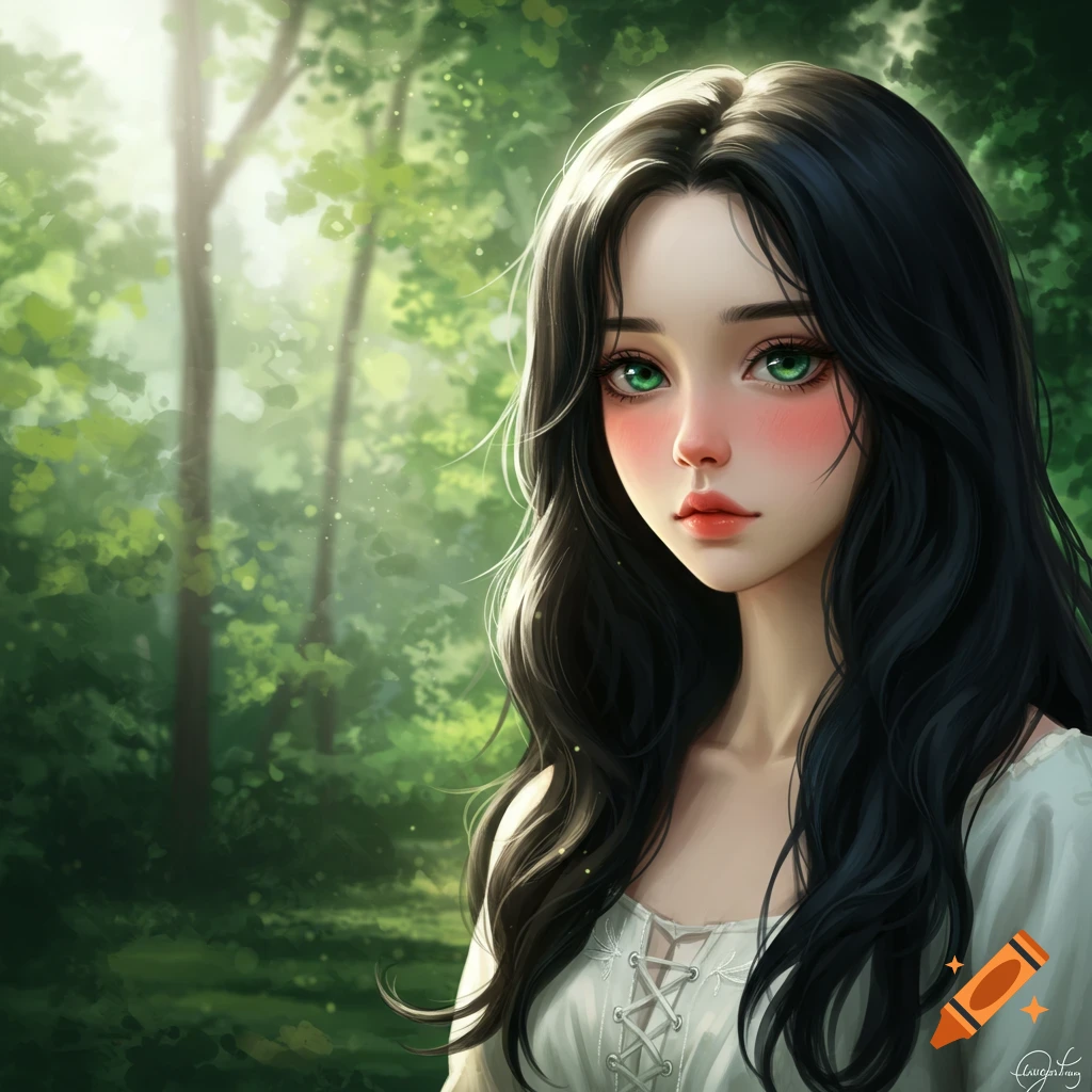 A realistic anime girl with green eyes in a forest.