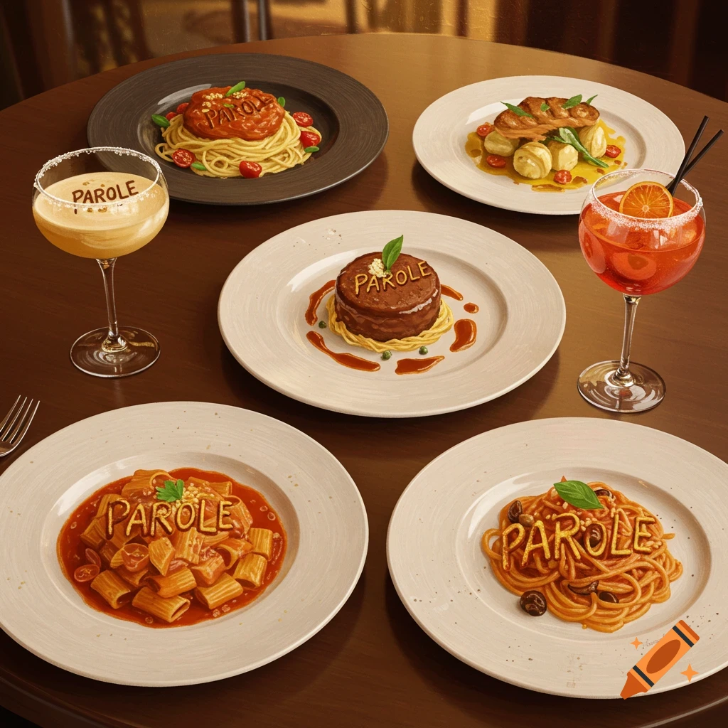Various restaurant dishes and drinks on a table, each featuring the word PAROLE incorporated into the food.