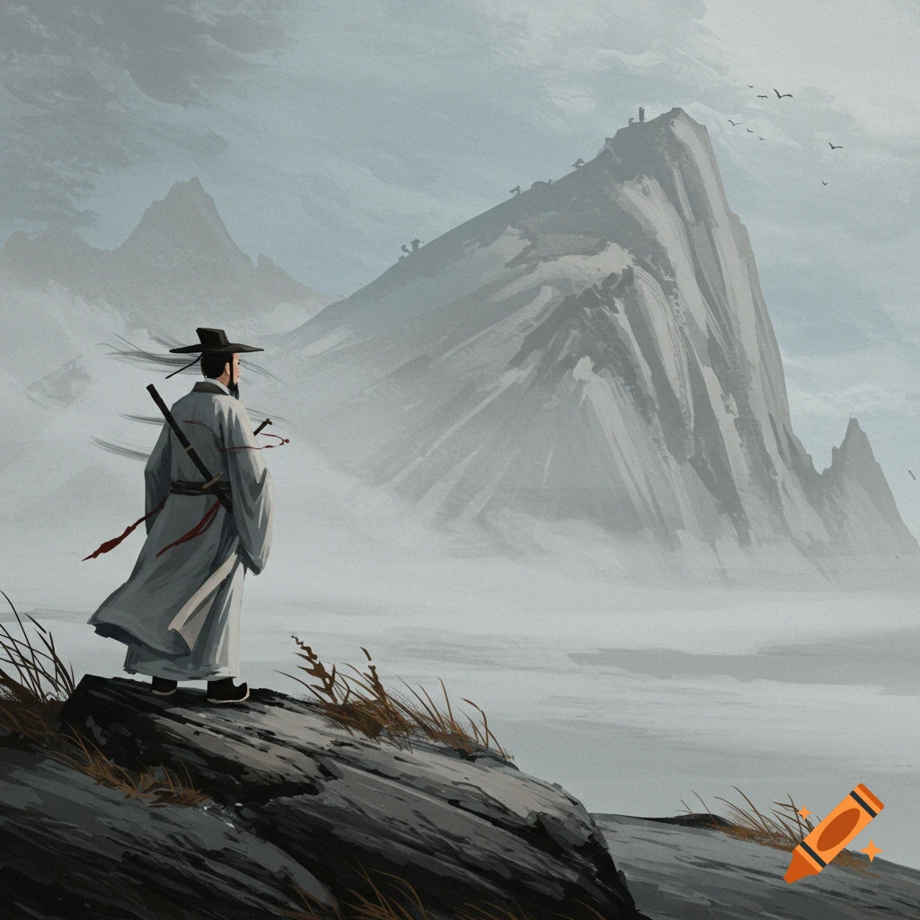 A person in traditional clothing is looking out at misty mountains.