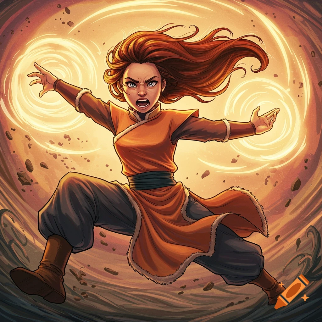 A girl with red hair is shown leaping and earthbending, surrounded by swirling energy and rocks.