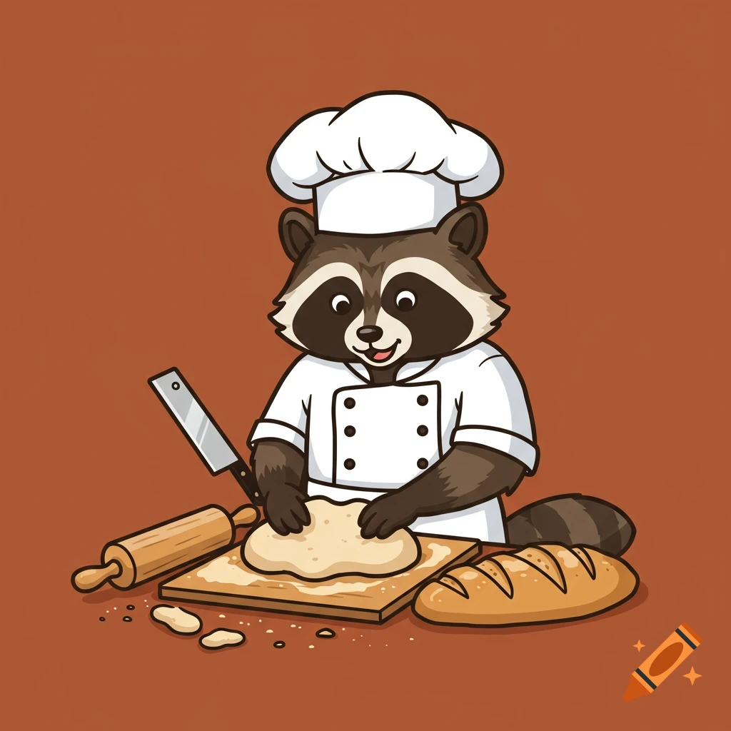 A cartoon raccoon chef kneads dough with a rolling pin and bread loaf nearby.