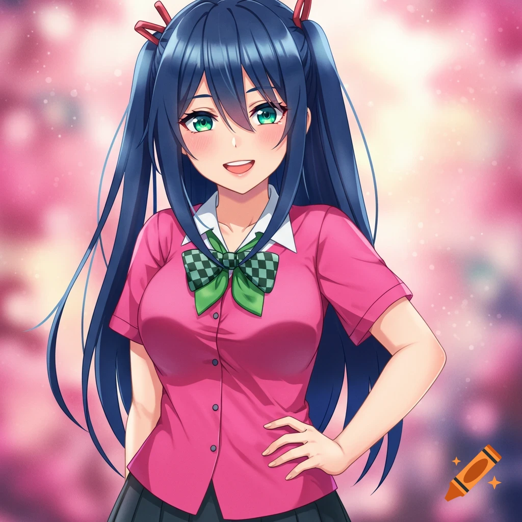 Anime of a girl with blue pigtails and green eyes in a pink shirt and green bow.