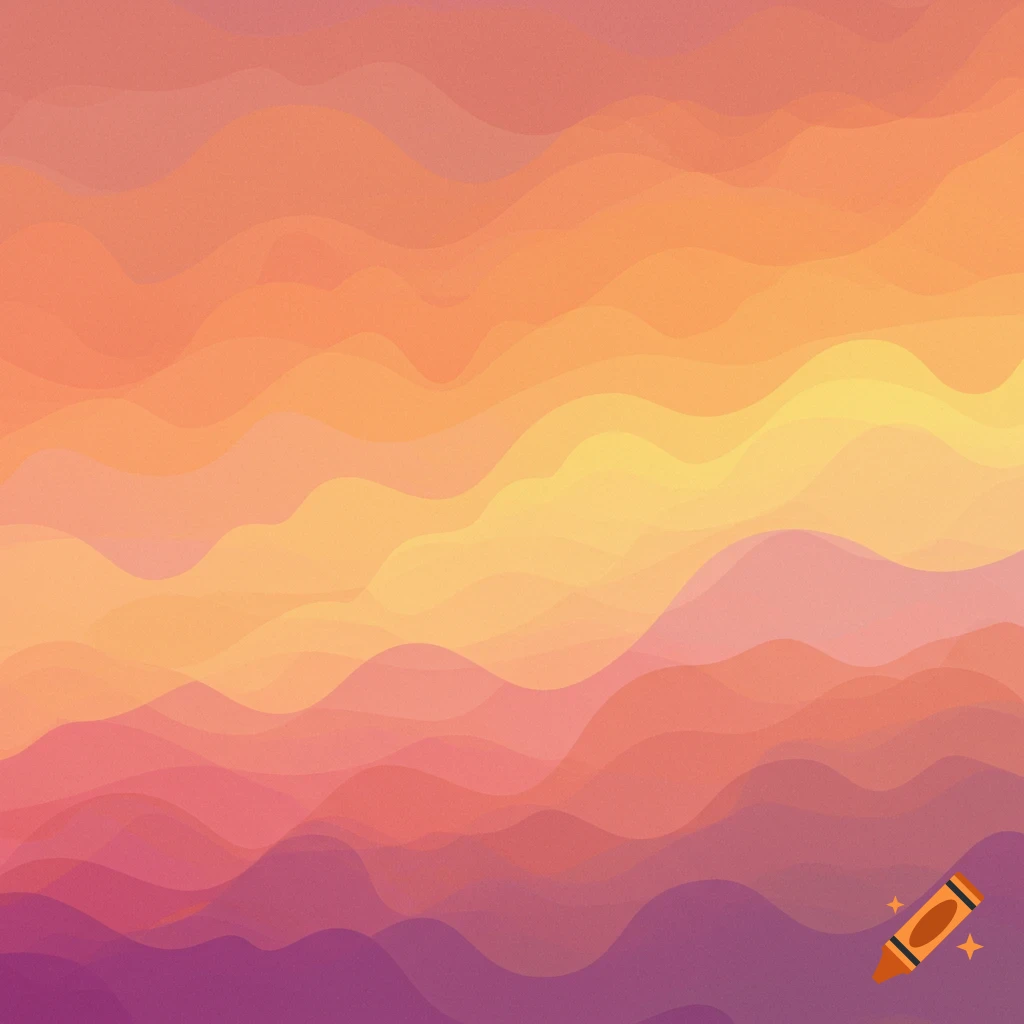Abstract composition with layered, undulating shapes in warm orange, yellow, pink, and purple.