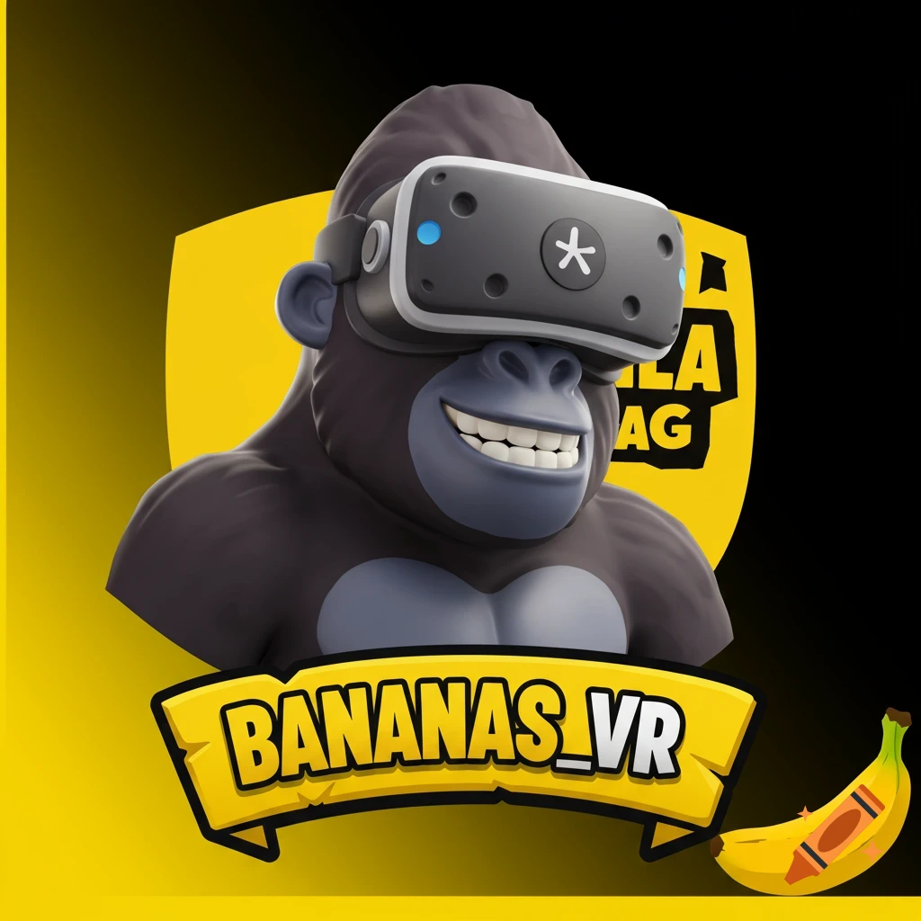 3D cartoon gorilla wearing a VR headset, with a BANANAS_VR logo and a banana