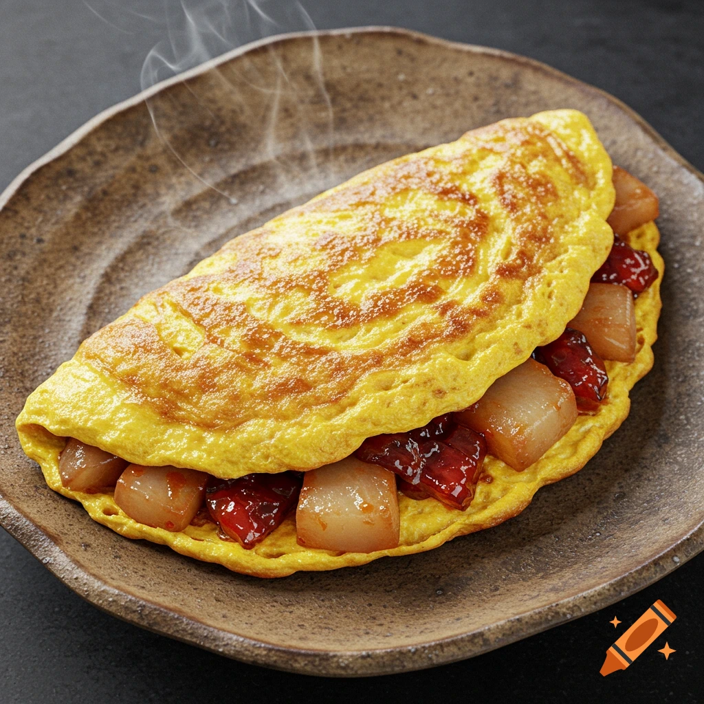 A close-up photo of a golden omelette filled with caramelized preserved radish on a rustic plate.
