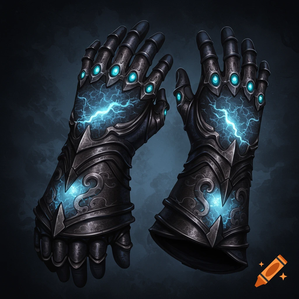 Dark fantasy gauntlets glowing with blue lightning and energy