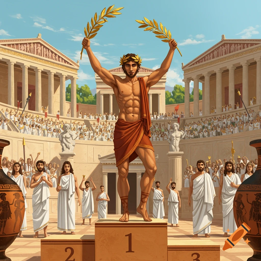 A man stands on a podium holding laurel branches, celebrating a victory in an ancient Greek stadium.