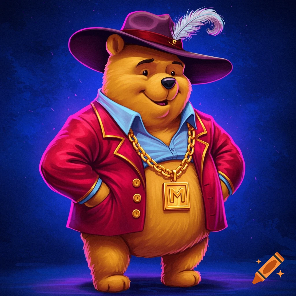 Winnie the Pooh in a red jacket, fedora, and gold chain.