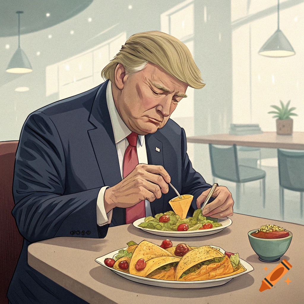 Illustration of Donald Trump eating tacos at a table in a restaurant.