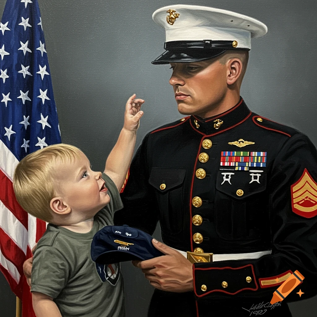 A painting of a marine in uniform holding a child who reaches for his hat, next to an American flag.