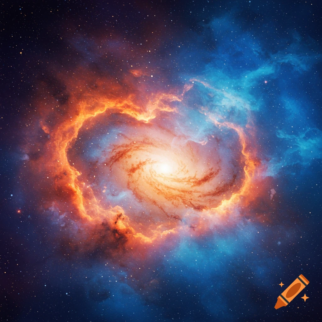 A spiral galaxy surrounded by vibrant orange and blue nebulas and stars.