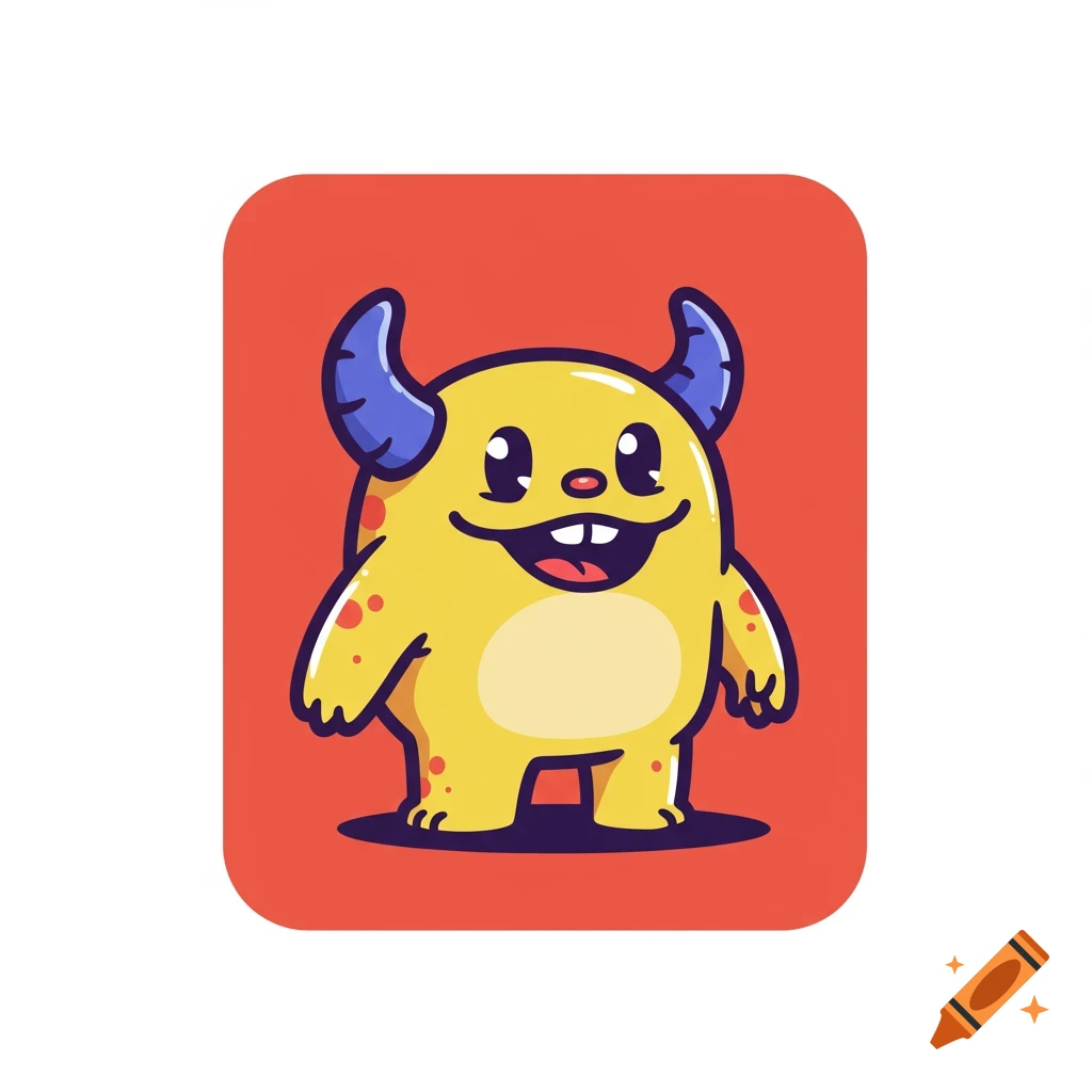 A cartoon yellow monster with blue horns and red spots smiles on a red background.