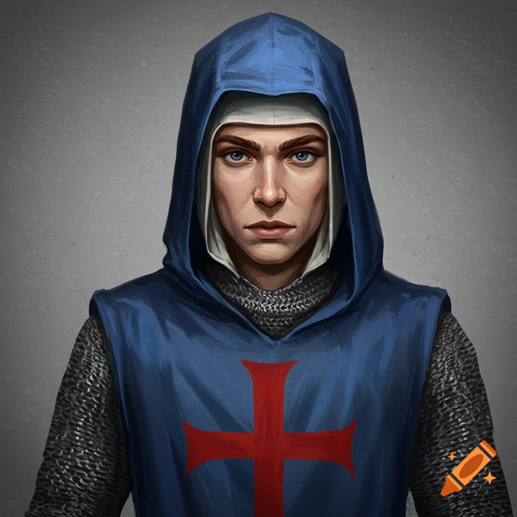 Portrait of a person in a blue hooded tunic with a red cross and chainmail.