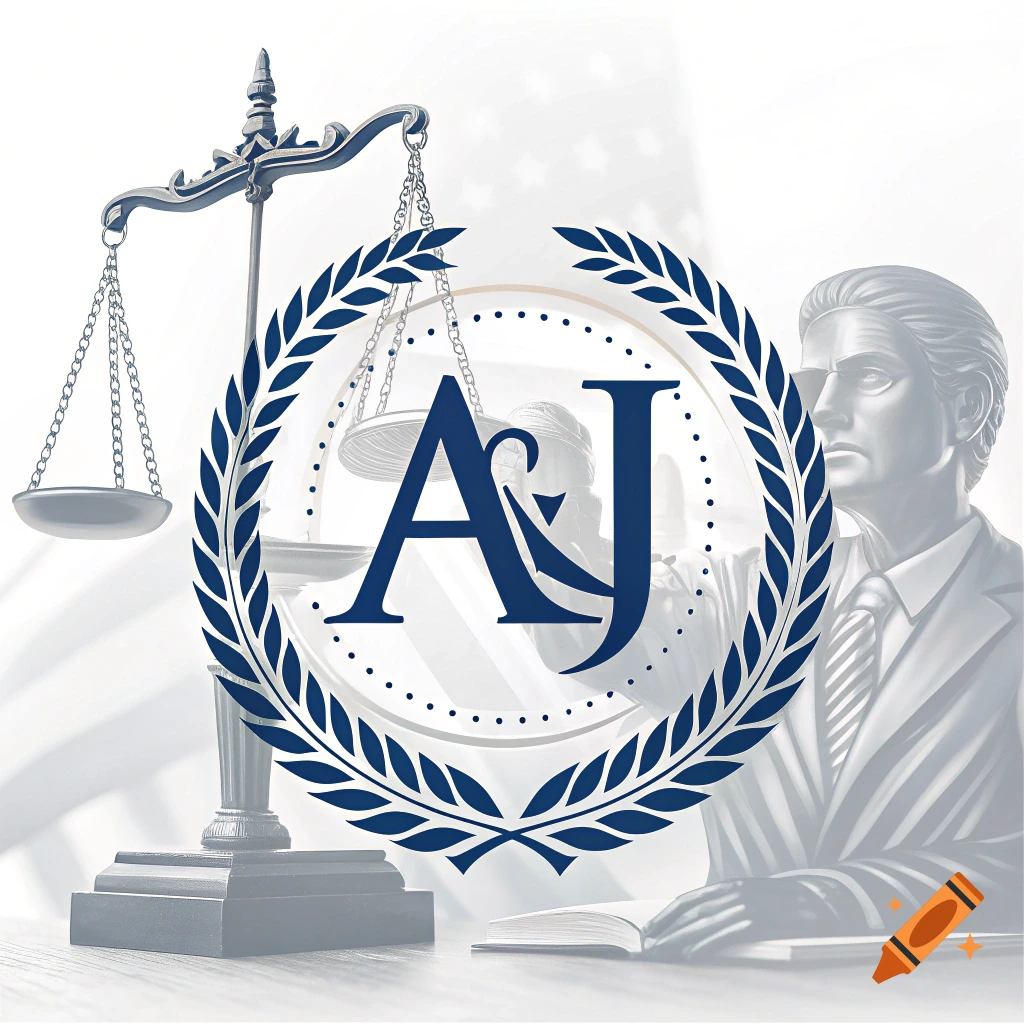 A symbol with a scale of justice, a judge figure, and the letters AJ enclosed in a wreath.