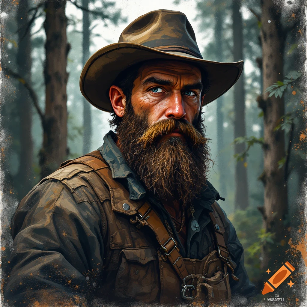 A rugged bearded woodsman stands in a forest.