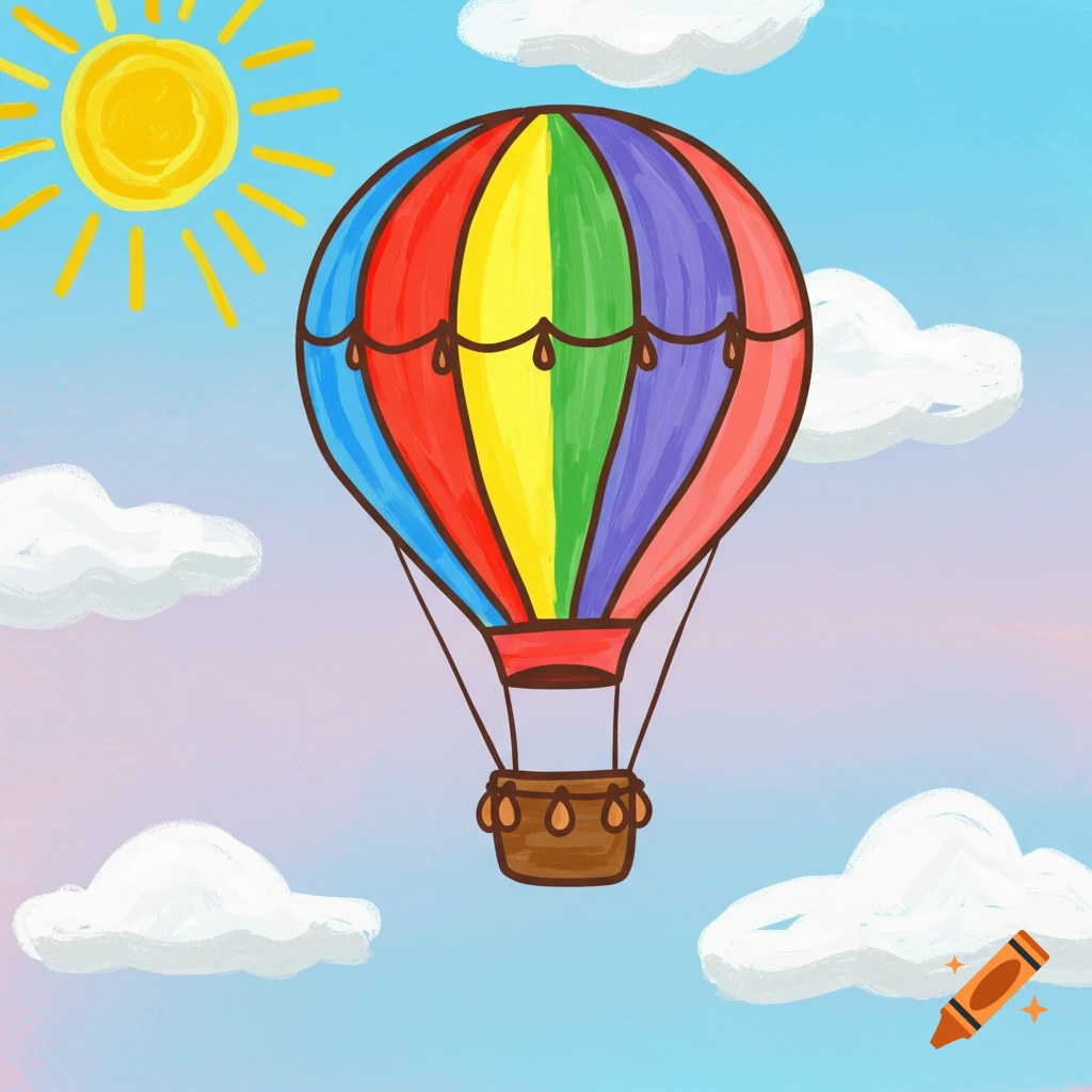 A colorful hot air balloon floats in a blue sky with clouds and sun, in a simple illustration style.
