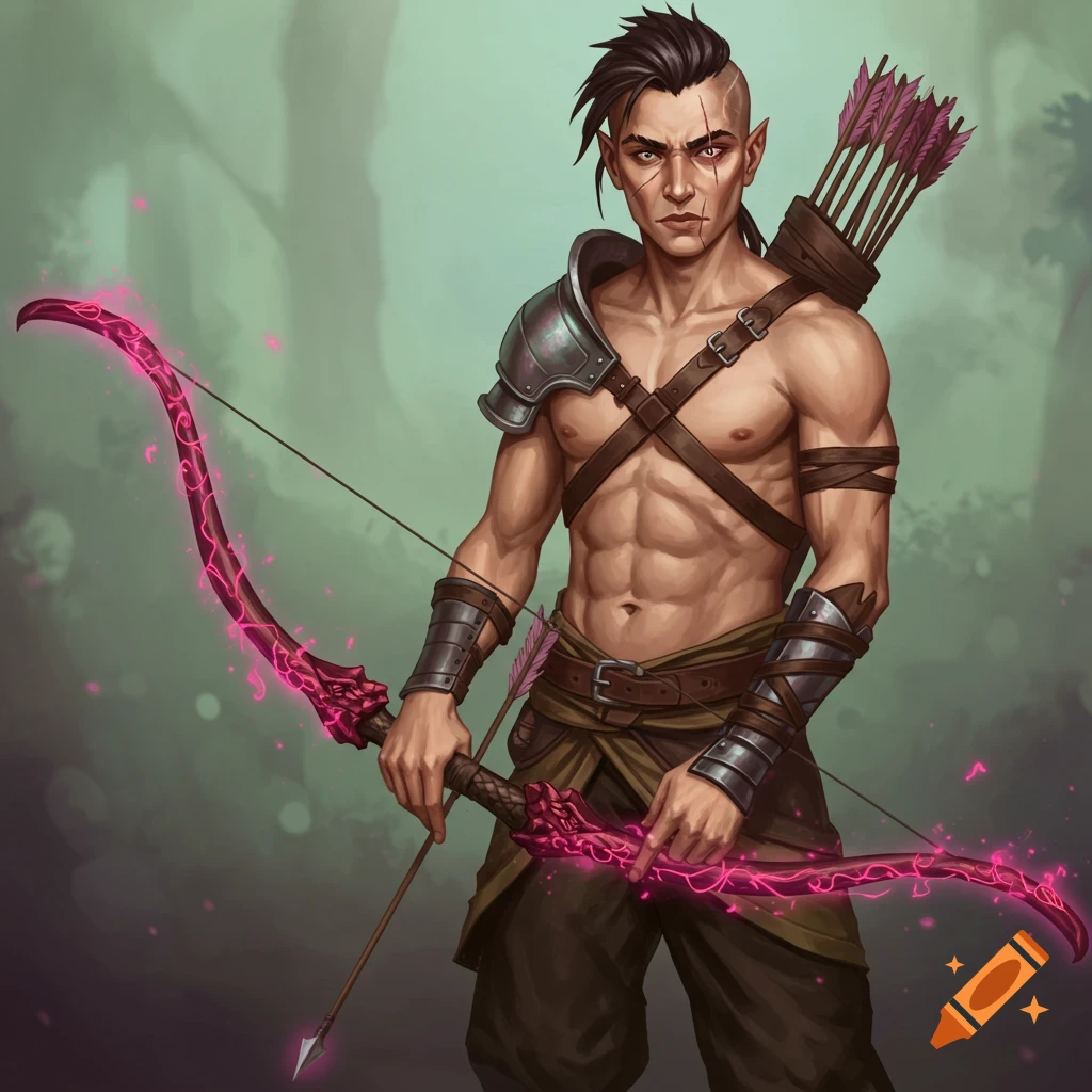 Fantasy character with a mohawk and scar, holding a glowing magical bow and arrow.