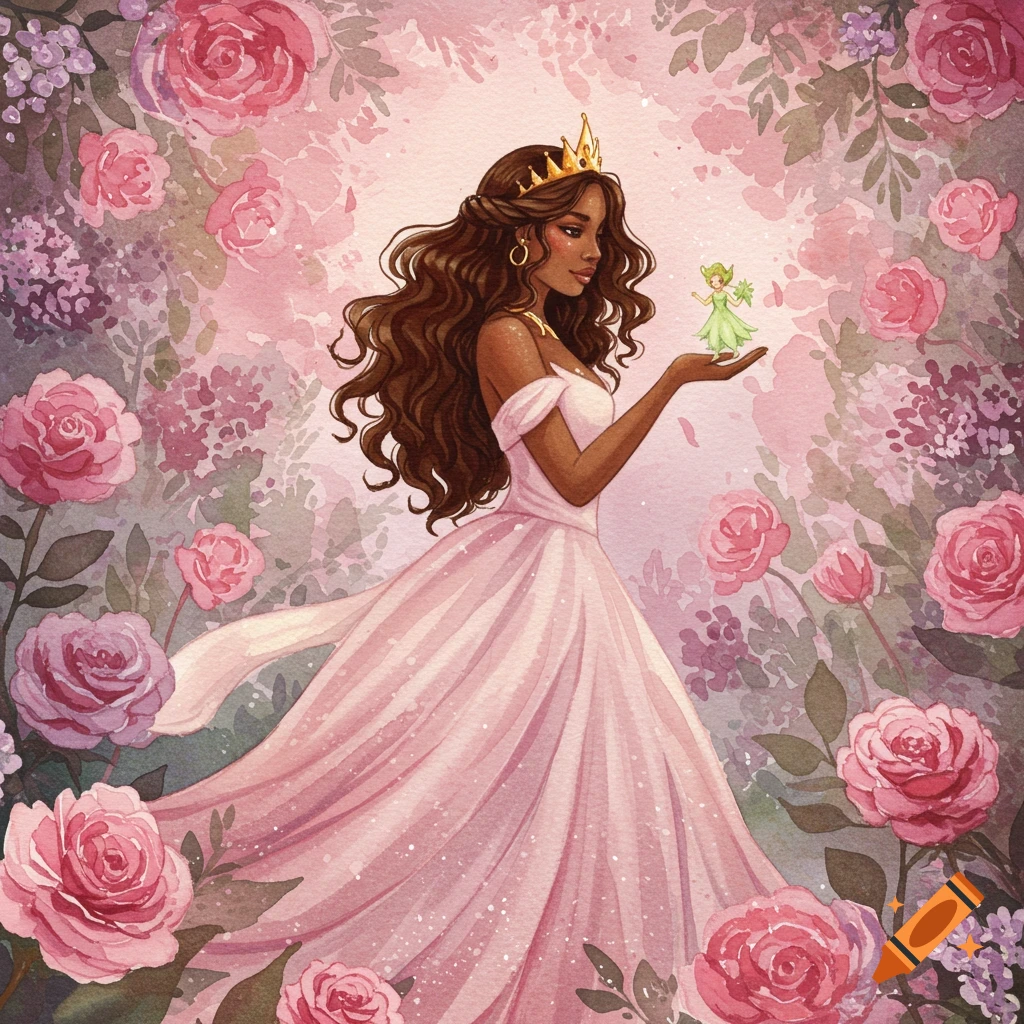 Watercolor illustration of a princess holding a small fairy in a garden of roses and flowers.
