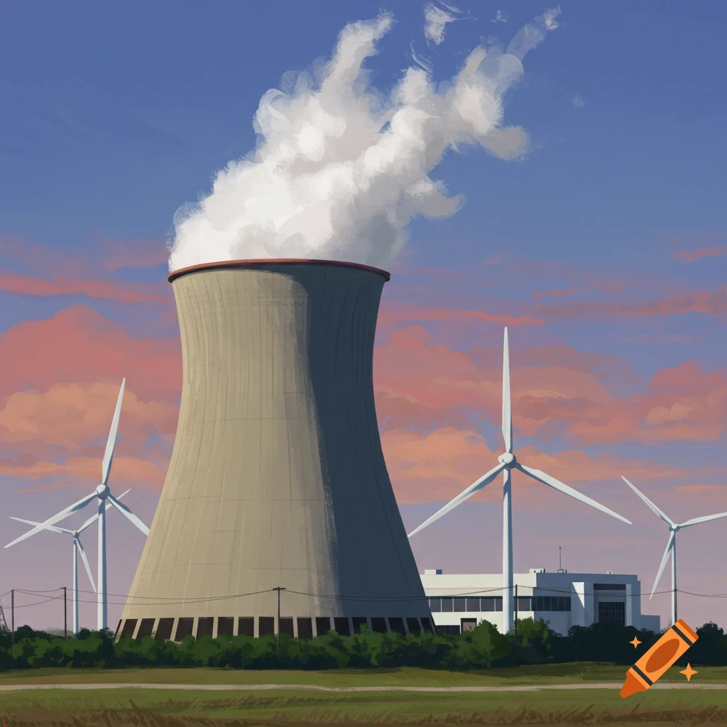 A large nuclear cooling tower emits steam, accompanied by wind turbines and a building in a landscape under a pink and blue sky.
