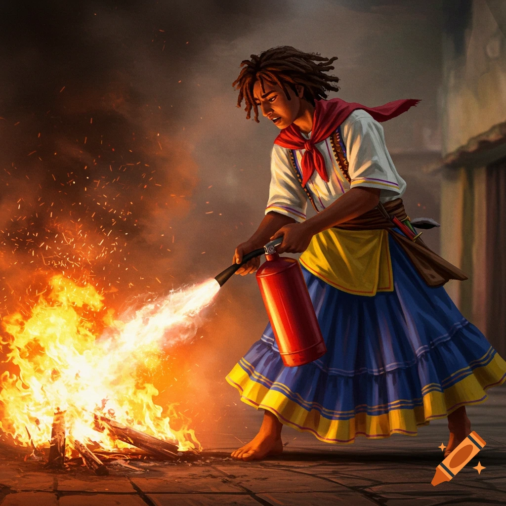A person in traditional Colombian clothing putting out a fire with an extinguisher.