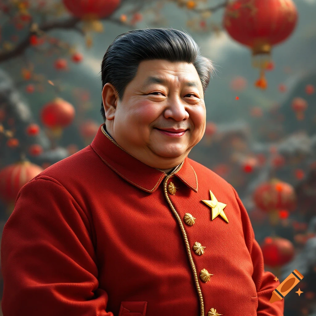 A smiling man resembling Xi Jinping wears a red jacket with gold trim and a star, standing among blurry red lanterns.