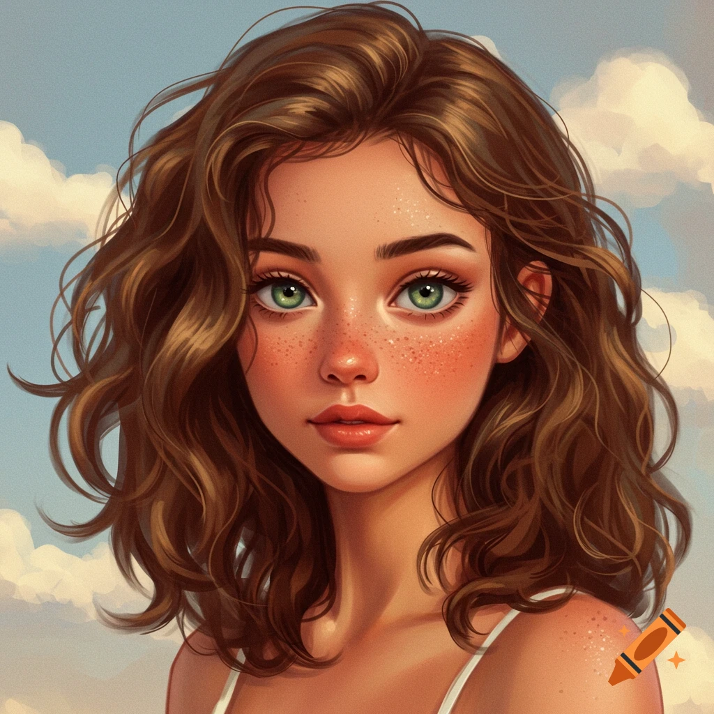 A girl with wavy brown hair, green eyes, freckles, and tanned skin against a cloudy sky.