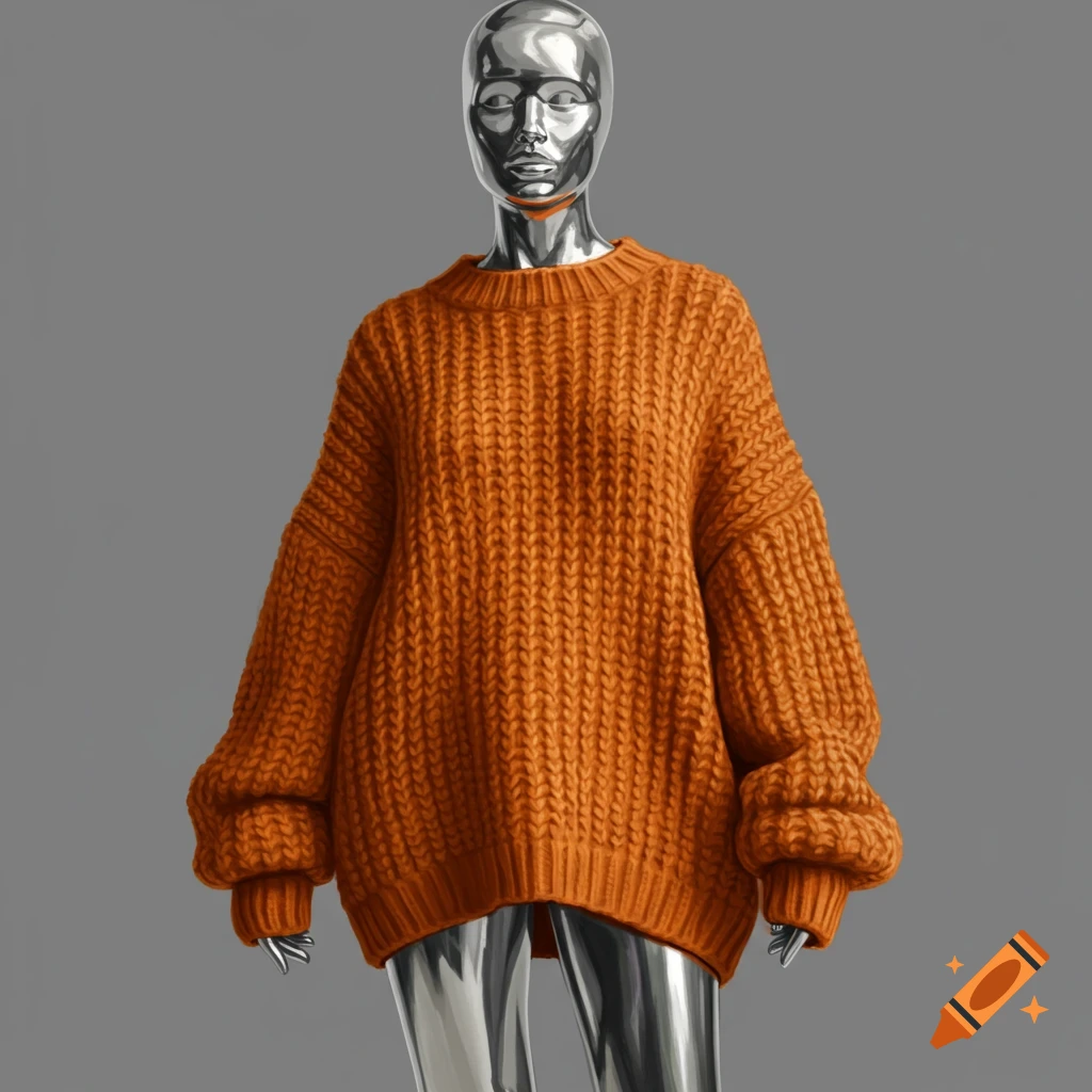 A metallic mannequin wears a large orange cable-knit sweater against a grey background.