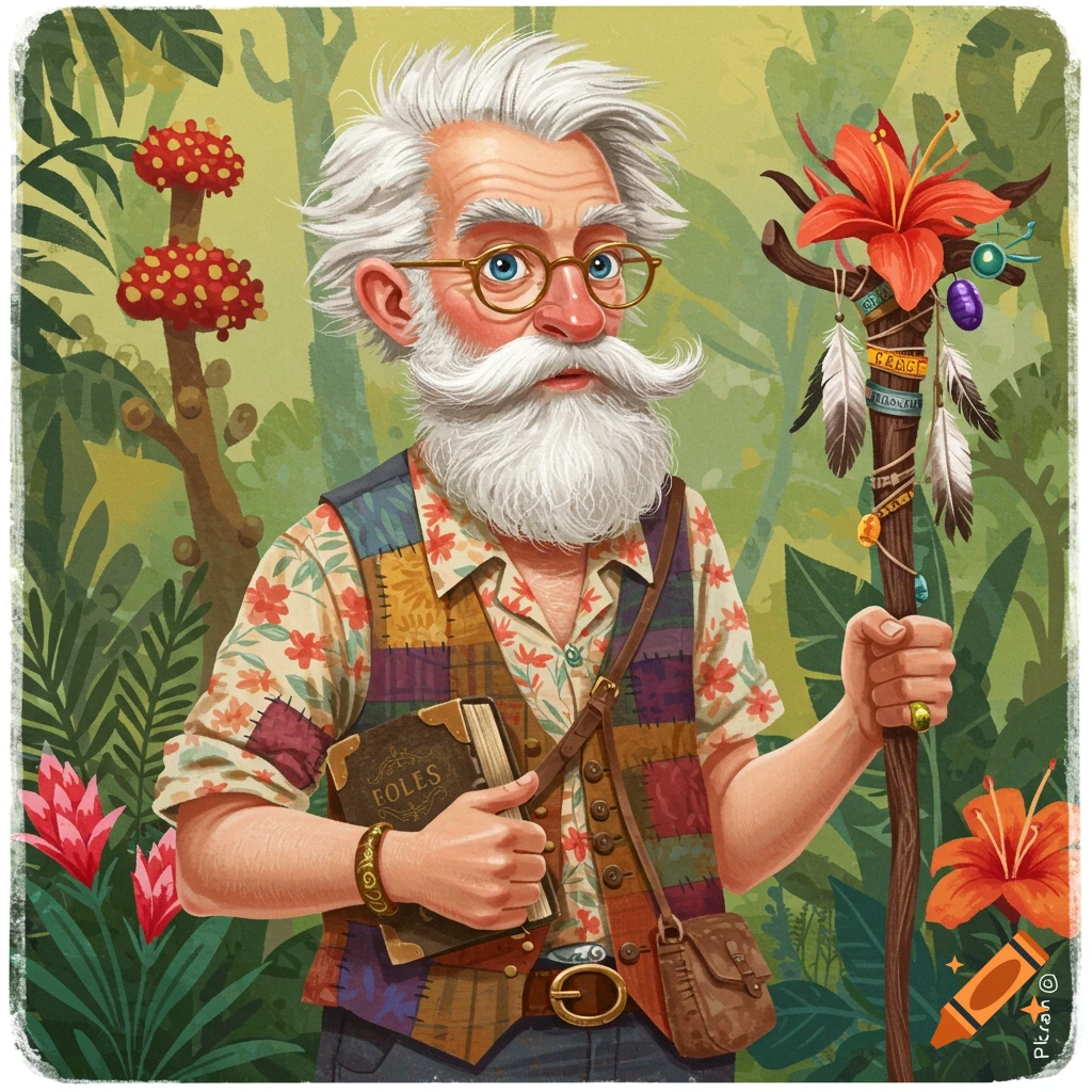 An eccentric old man with a long white beard and glasses, holding a book and a staff in a jungle.