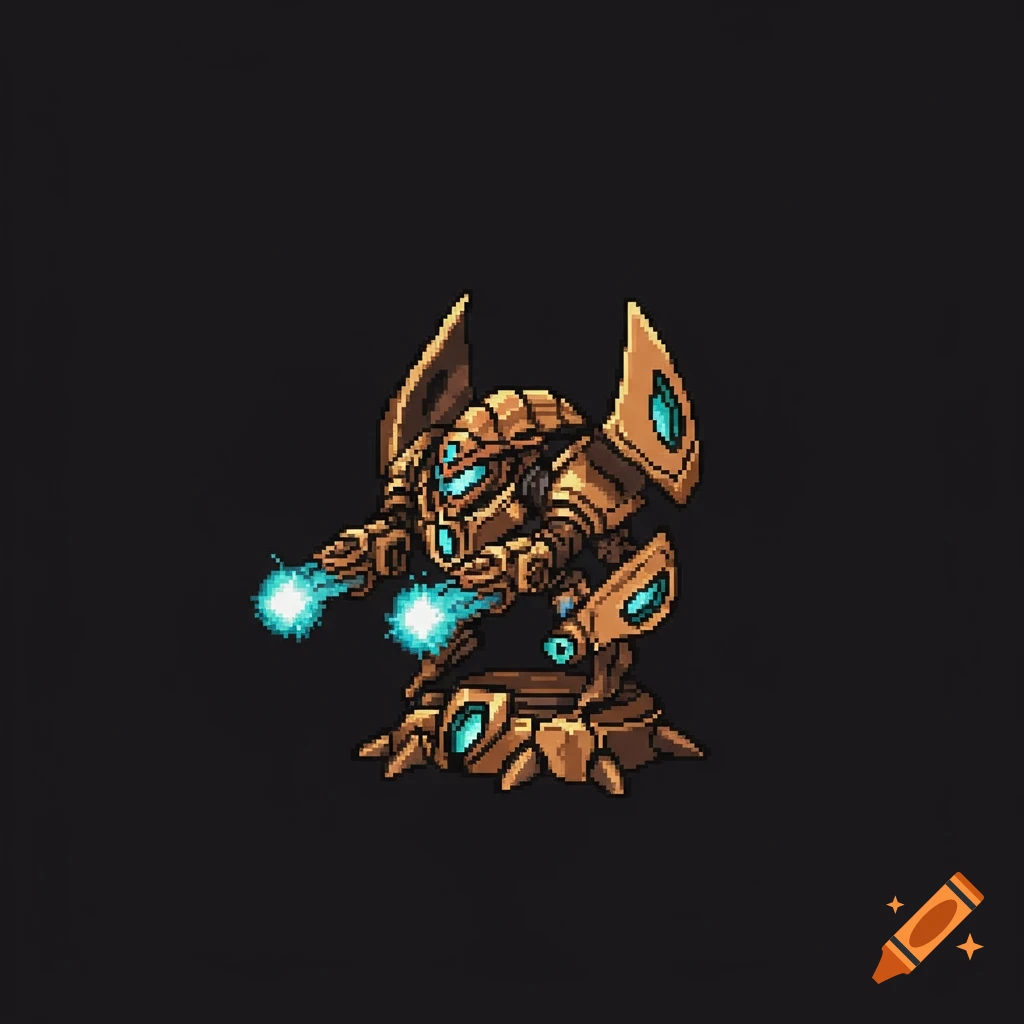 Pixel art sprite of a gold sci-fi robot with glowing blue cannons