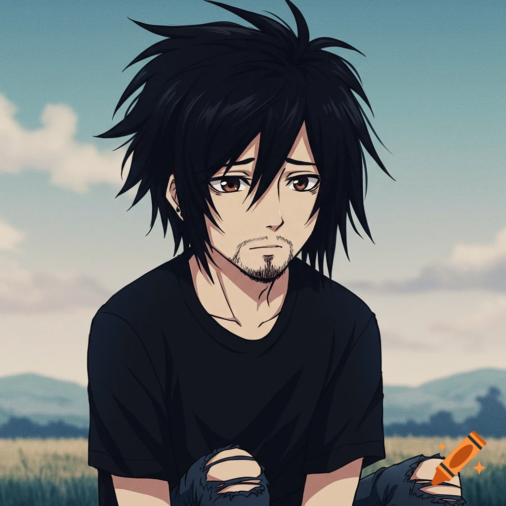 Anime portrait of a sad man with black messy hair and a small beard in a field.