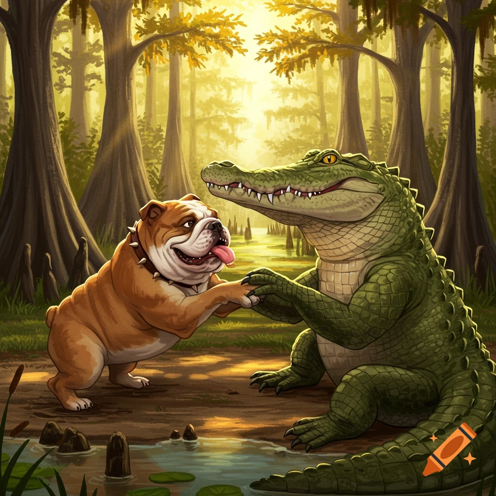 Cartoon bulldog and alligator shaking hands in a swamp.