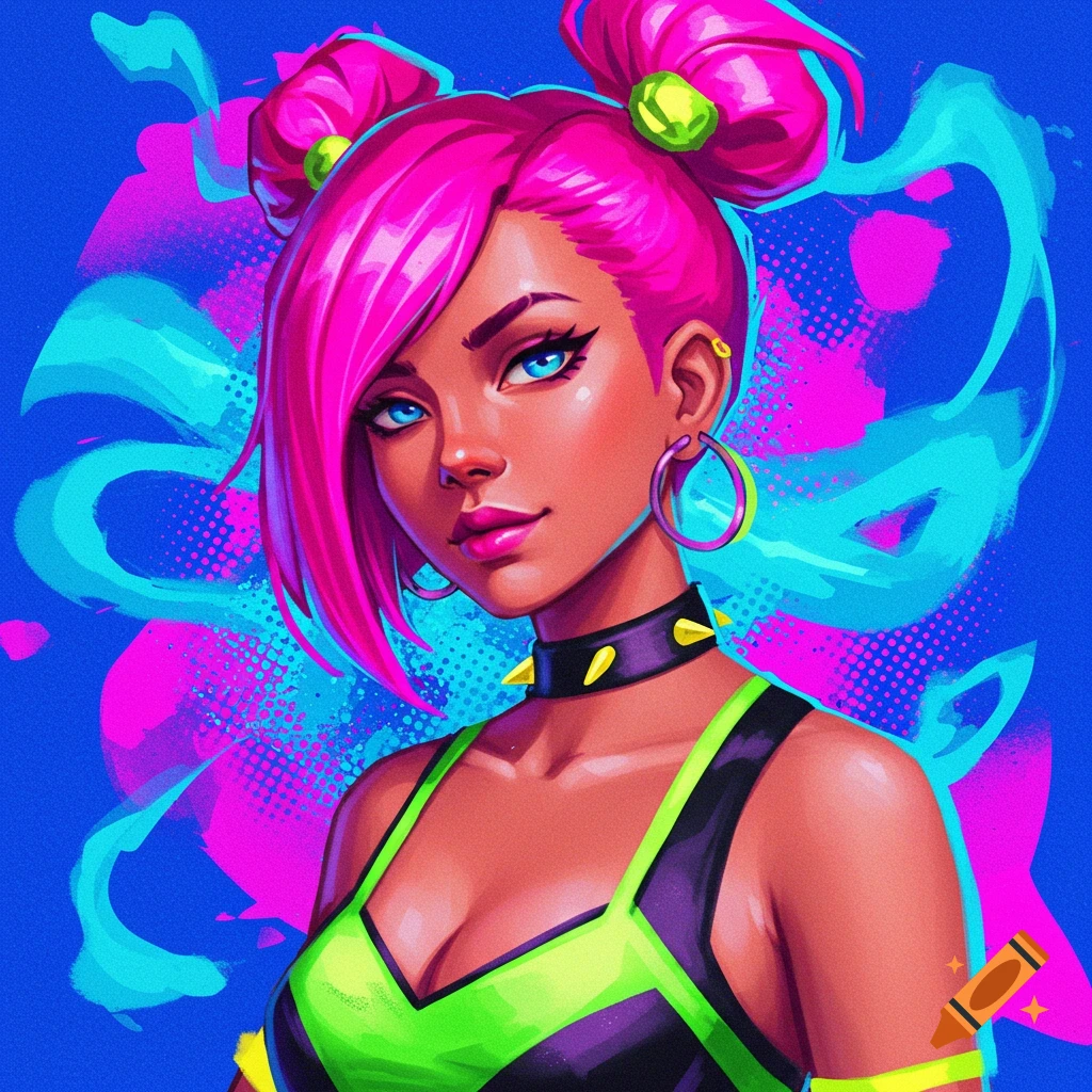 Portrait of a woman with bright pink hair, wearing neon green and black clothes, on a vibrant pink and blue background.